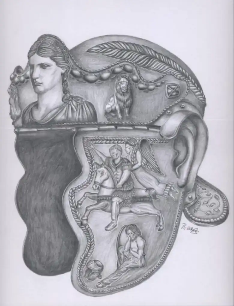 Capacete Hallaton, Réplica arqueológica, História romana, Arqueologia britânica, Artefatos antigos, Santuário nativo britânico, Oficial romano, Descobertas arqueológicas, Tesouro Hallaton, Idade do Ferro, Escavações arqueológicas, Hallaton Field Work Group, Universidade de Leicester, Ressurreição histórica, Cultura romana, Artefatos da Grã-Bretanha, Arqueologia de campo, Riqueza histórica, História militar romana, Escavações arqueológicas da Idade do Ferro