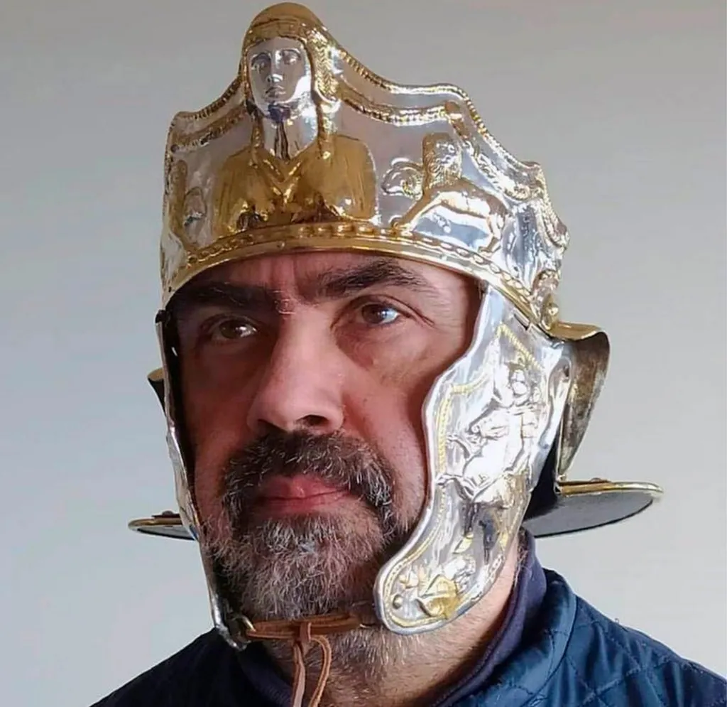 Capacete Hallaton, Réplica arqueológica, História romana, Arqueologia britânica, Artefatos antigos, Santuário nativo britânico, Oficial romano, Descobertas arqueológicas, Tesouro Hallaton, Idade do Ferro, Escavações arqueológicas, Hallaton Field Work Group, Universidade de Leicester, Ressurreição histórica, Cultura romana, Artefatos da Grã-Bretanha, Arqueologia de campo, Riqueza histórica, História militar romana, Escavações arqueológicas da Idade do Ferro